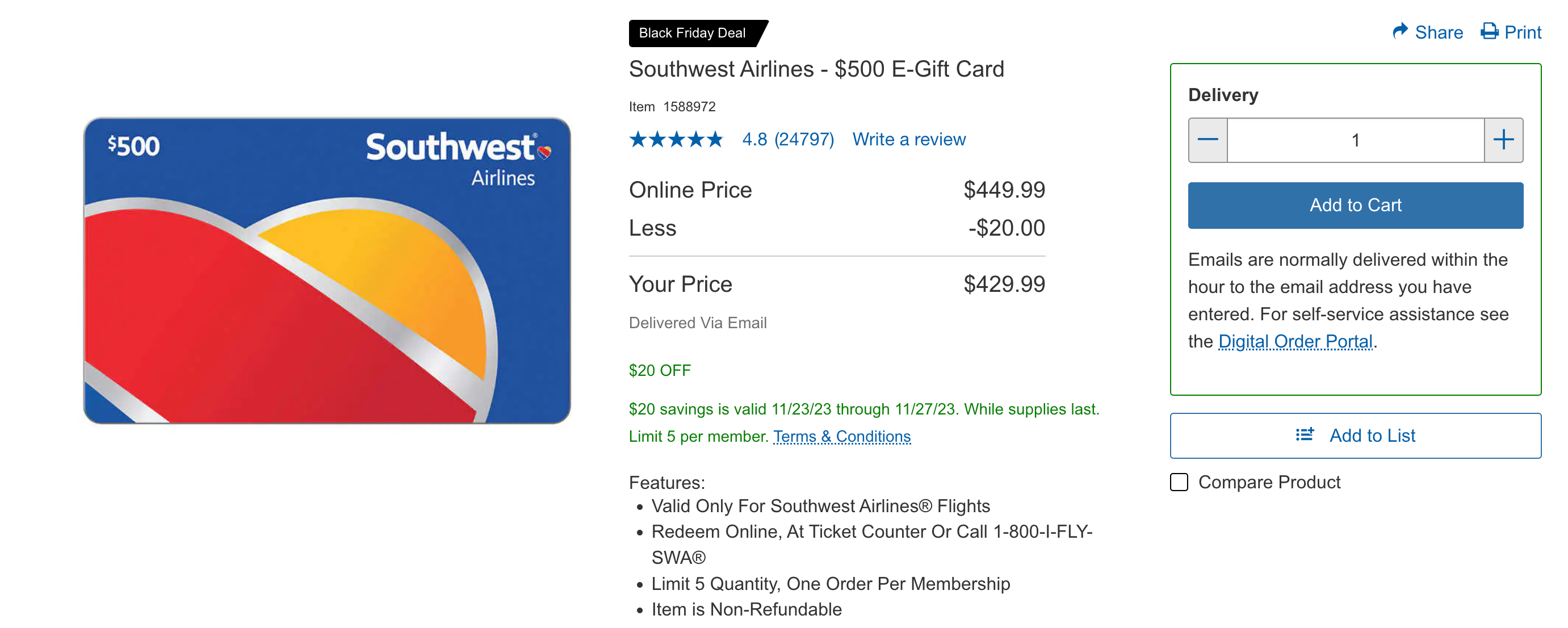 Costco landing page for Southwest Airlines gift cards.